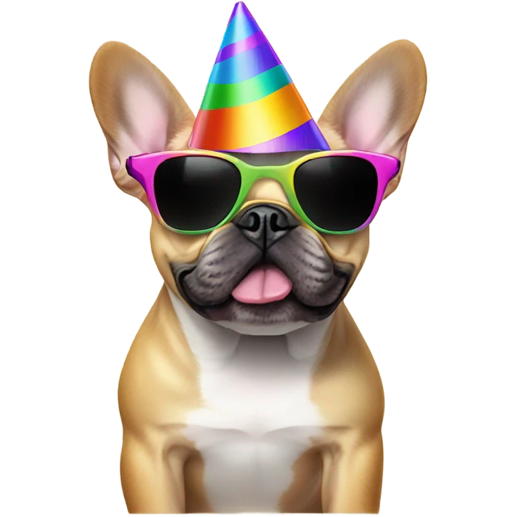 French bulldog with sunglasses wearing a party hat emoji