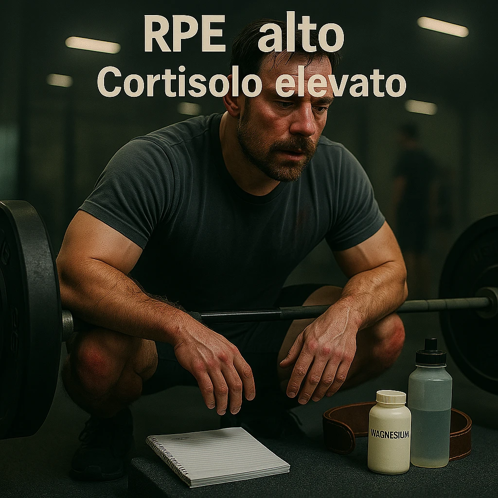 Replace the floating icons above the head with clear and readable Italian text: 'RPE alto' and 'Cortisolo elevato', maintaining the cinematic style and original color palette of the image. emoji