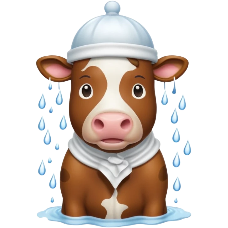 Cow standing in a shower with shower cap on  emoji