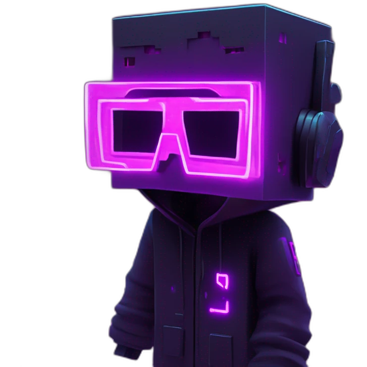 Minecraft Creeper wearing a black hoodie with "OMG" letters on it and VR headset in a cyberpunk VR environment with violet neon lighting. emoji