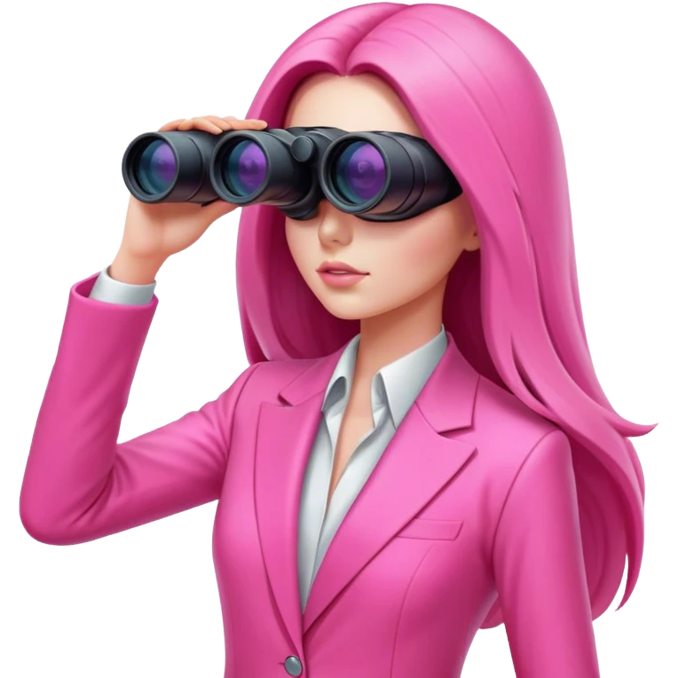 futuristic-looking woman with long hair in an intensive color pink suit looking through binocular, viewed from an angled perspective. emoji