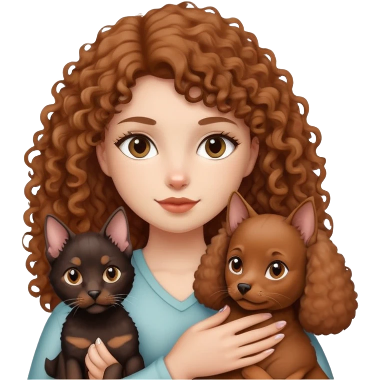 Girl holding a Devon cat and a Doberman dog emoji