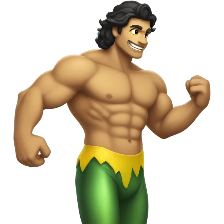 Tan muscular merman with dark hair and yellow tail emoji