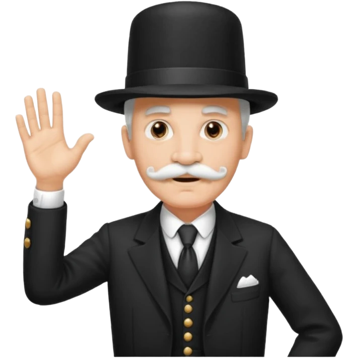 very big white moustachhe and typical 1900 black elegant clothes and hat . politician pose uses hands to speak emoji