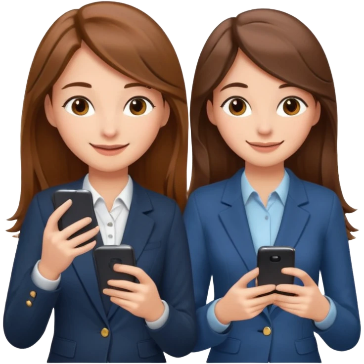 two brown haired girls, looking professional maybe leaned back on back and looking forward and using phones, with longer hair and with some cute clothes emoji