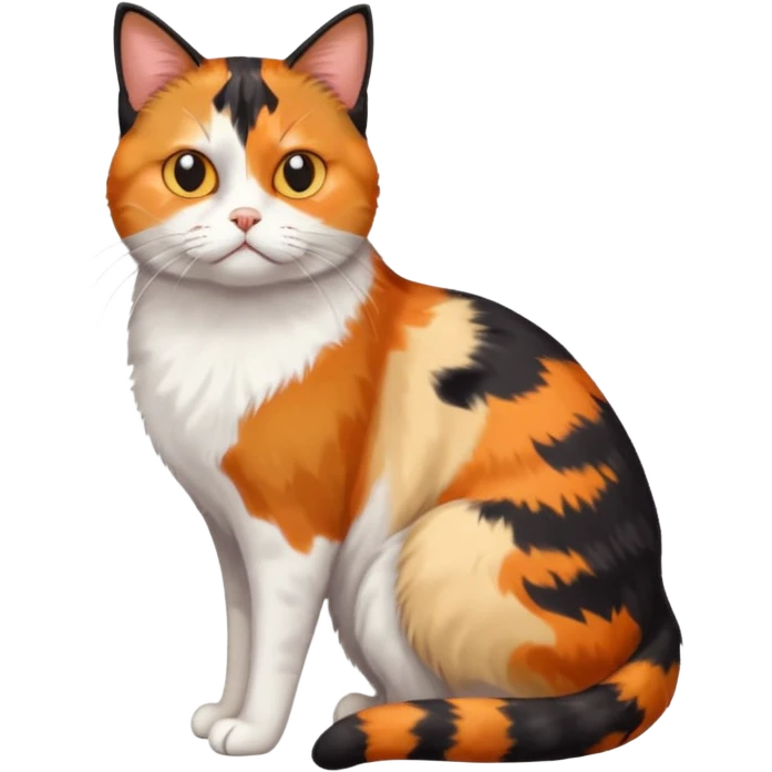 full body colourful calico cat with skinny head and fat body with an anxious face emoji