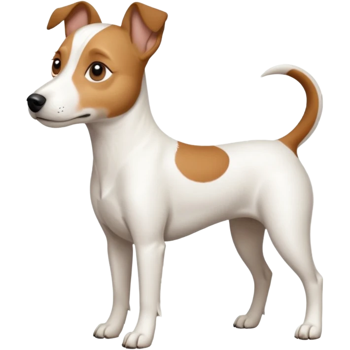 a full body white jack russel looking dog the size of a kelpie with light brown ears and a light brown patch on one eye, flopped down ears and a large snout emoji
