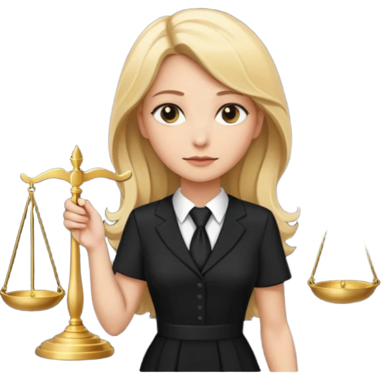 woman lawyer blanche et blonde habillée avec une robe noire longue et une cravate blanche, avec la balance de la justice derrière elle emoji