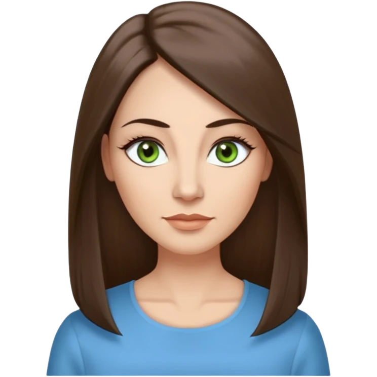 43 year old Adult woman avatar, light skin tone, long, oval face, long straight ashy brown hair, green almond-shaped eyes with dramatic eyelashes and minimal eyeliner, neutral mouth, medium straight eyebrows, small nose, smooth skin, sky blue blouse emoji