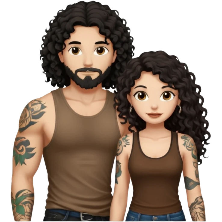 a pretty bratz fair girl with black long curly hair in a brown tank top with tattoos standing with a handsome tattooed tall guy emoji