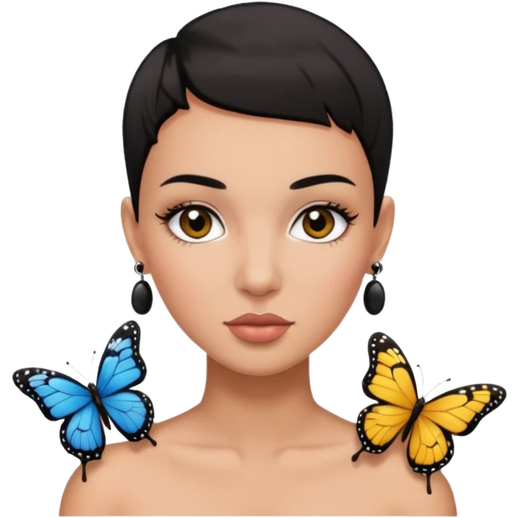Lady with black buzz cut hair and lashes wearing 4 black earrings holding a butterfly emoji