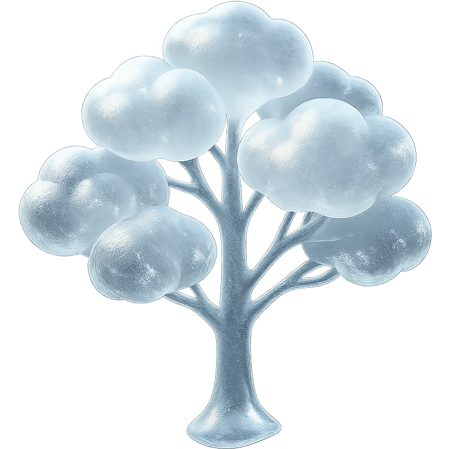 one tree with many branches and a white trunk, crown made of small very bright white fluffy convex clouds, matte glass style emoji
