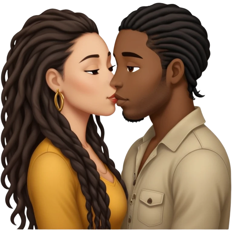 Latina Woman with long hair kissing a young black guy with dreads no beard emoji