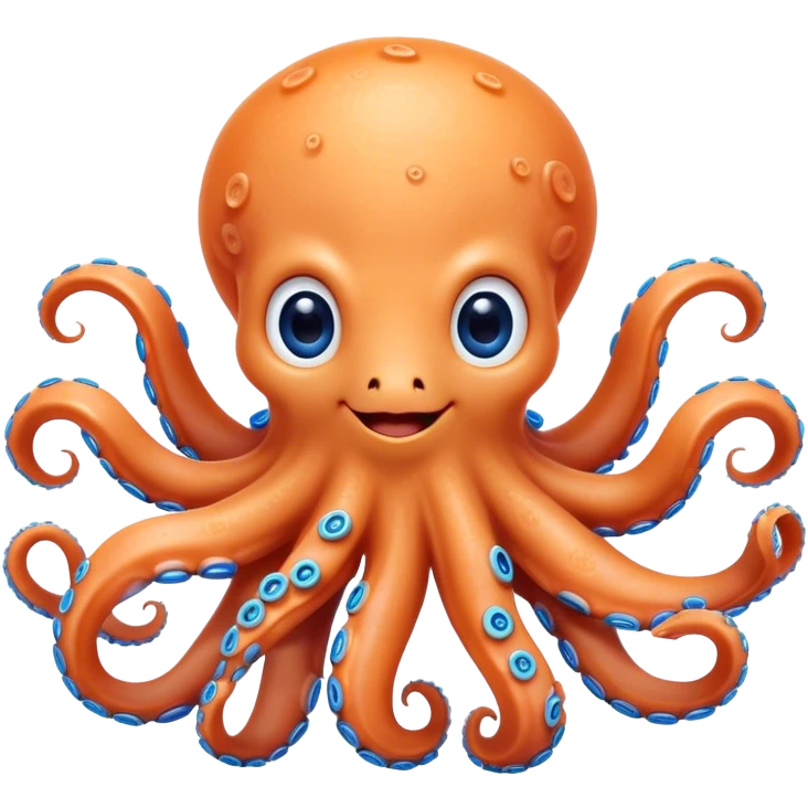 Cinematic Cute smiling Octopus Portrait Emoji, Head tilted playfully and inquisitively, featuring a rounded, light orange body embellished with playful blue rings, eight adorably curling arms, and big, twinkling eyes full of wonder, Simplified yet irresistibly adorable features, highly detailed, glowing with a warm, inviting underwater glow, high shine, affectionate and lively, stylized with a touch of whimsical cartoon charm, soft glowing outline, capturing the essence of a mischievous yet loving octopus that seems as if it could bob out of the screen into your arms! emoji