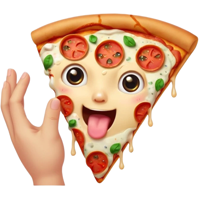 bitten pizza slice with big sparkling eyes, drooling mouth, blushing cheeks, hands reaching toward it, colorful, expressive, minimalistic, modern emoji style emoji