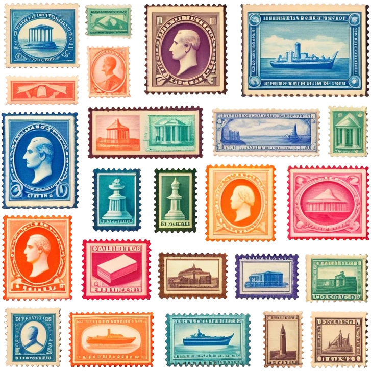 Icon for Stamp Collecting: a collection of vintage and colorful stamps arranged in an album or on a desk, with a large stamp block in the center showcasing different themes. The icon should reflect the charm and history of philately. Transparent background. emoji