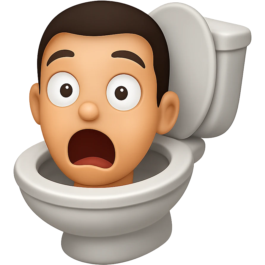 Create an image in the style of apple emojis of a toilet with a cartoonish, exaggerated head emerging from the bowl, looking surprised with wide eyes and open mouth. Use a transparent background. emoji