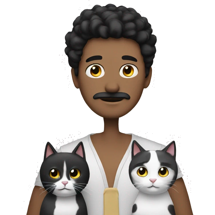 white Guy with black hair, mustache and two black and white cats emoji