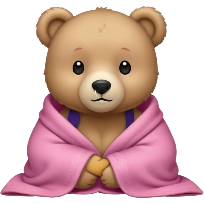 cuddly bear with a pink blanket wrapped around him emoji