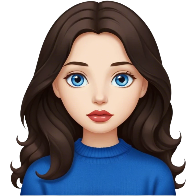 girl with long, lush, slightly wavy dark brown hair, big lips and blue eyes, black sweater emoji