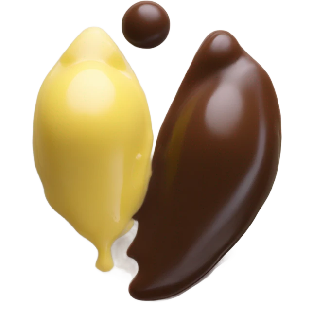 1 Chocolate quenelle and 1 vanilla quenelle on glass plate with 3 small drops of yellow sauce emoji