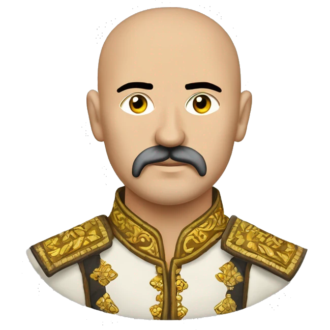 a Cossack warrior, The Cossack has a shaved head and a long strand of hair on one side. He has a thick, curved mustache and wears a gold earring in his left ear. He is wearing a simple Ukrainian embroidered shirt emoji