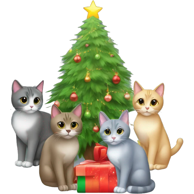 Four gray cats sitting under a Christmas tree  emoji