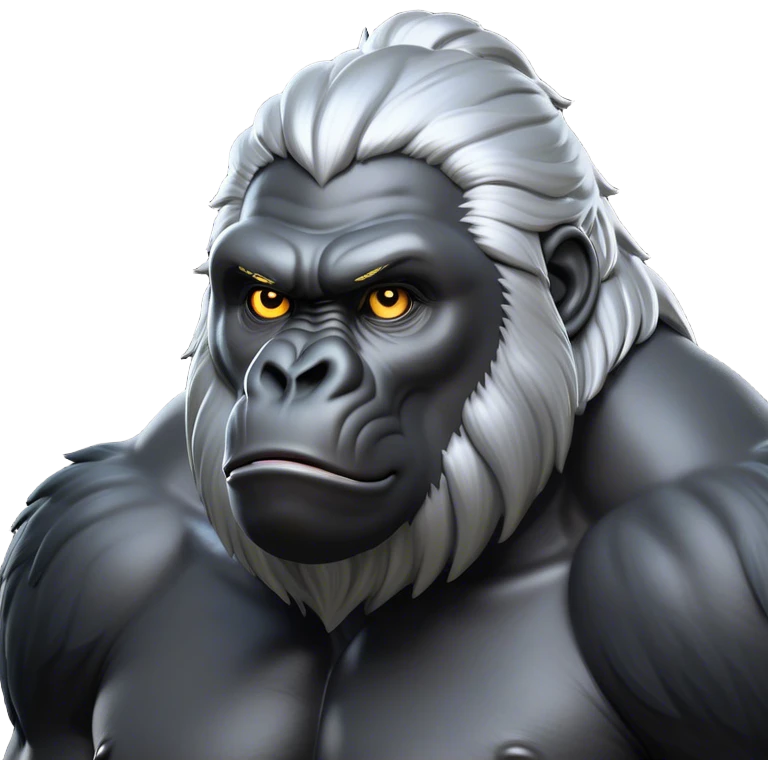 Cinematic Noble Silverback Gorilla Portrait Emoji, Poised and majestic, with a powerful, muscular frame accentuated by a distinguished silver mane and piercing, wise eyes, Simplified yet sharp and sophisticated features, highly detailed, glowing with a soft, regal jungle glow, high shine, intelligent and commanding, stylized with an air of imperial strength, focused and resolute, soft glowing outline, capturing the essence of a watchful guardian that feels as though it could step out of the screen with effortless authority! emoji