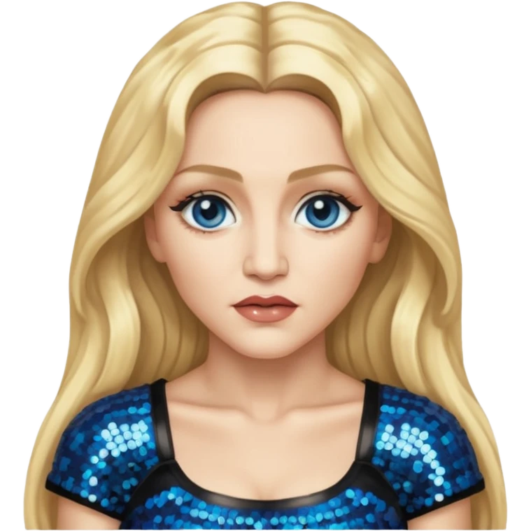 Madonna with blonde long hair, black sequin crop top, blue eye emoji