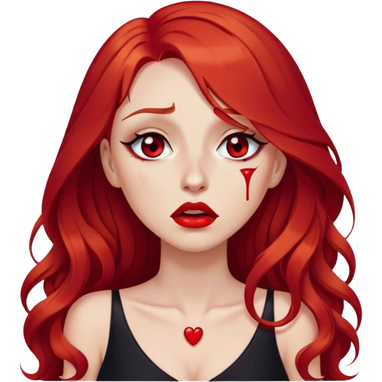 a crying woman with long red hair and red eyes. The woman wear a black little cutted dress. She have red lipstick and she have a seductive look. She cry tears emoji