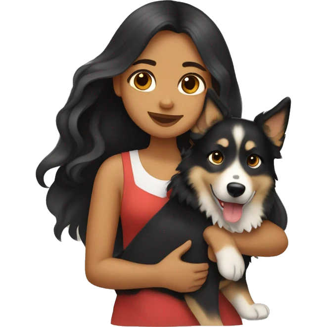 tan girl with long wavy black hair,  hugging a german shepard/husky mix emoji