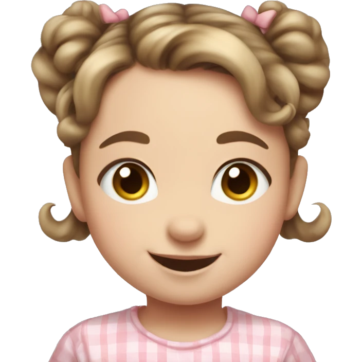 A toddler girl with 2 tiny pig tails on top of her hair with tiny bows, fair skin, blue eyes, brown hair, smiling, wearing a pastel shirt emoji