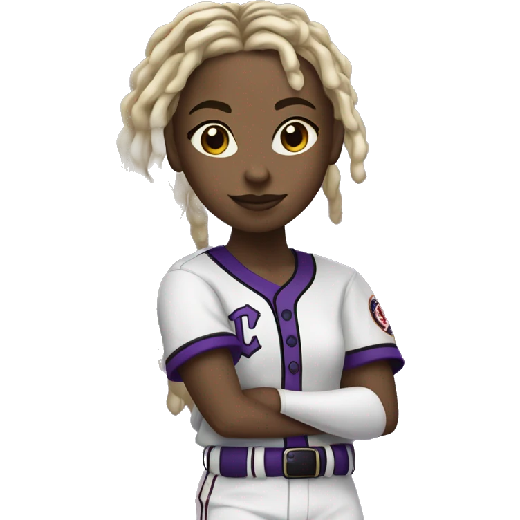 baseball card character. black girl. blonde locs. letter C logo. Purple and white uniform.  emoji