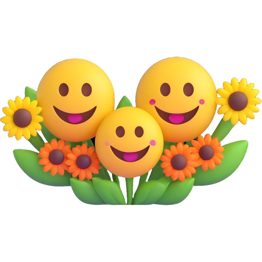3D smiley emoji, round shape, in love: loving smiley couple giving flowers to each other emoji