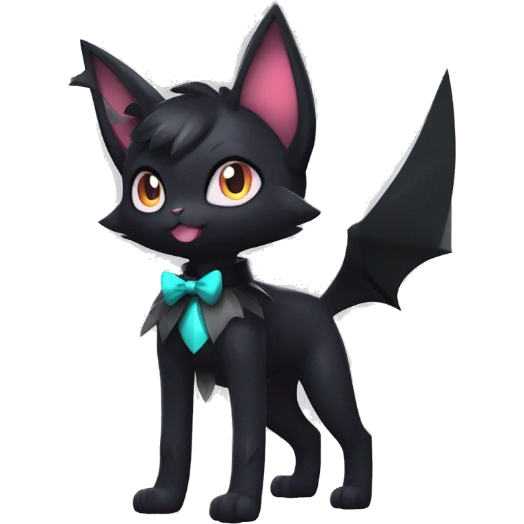 Shiny Dark Cool Edgy Black beautiful ethereal fantasy Kawaii Sona Umbreon-Noibat-Litten-Fakemon-cat-animal with edgy bat-ears bow tie black mane vtuber model Full Body emoji