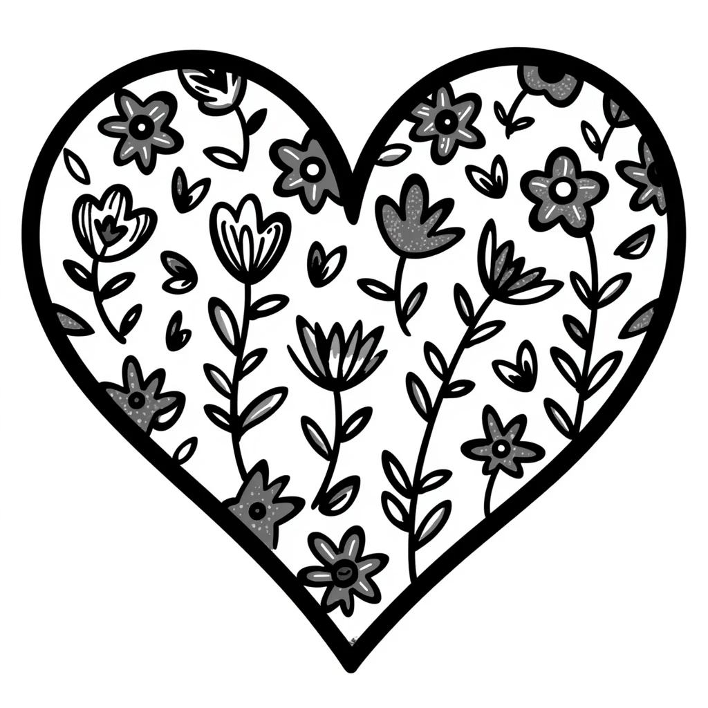 hand drawn heart with floral doodle decorations, doodle style emoji