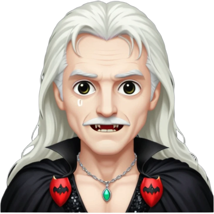 Dracula with long white hair, black sequin baggy pants, shirtless with necklace, black sequin cape emoji