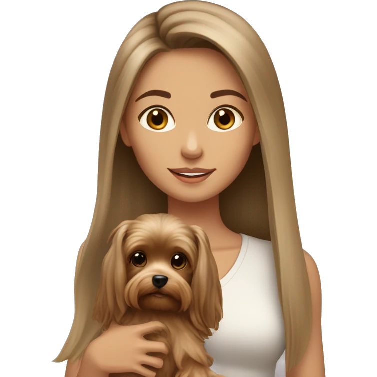 Brunette long hair light tan girl with beige yorkie puppy emoji