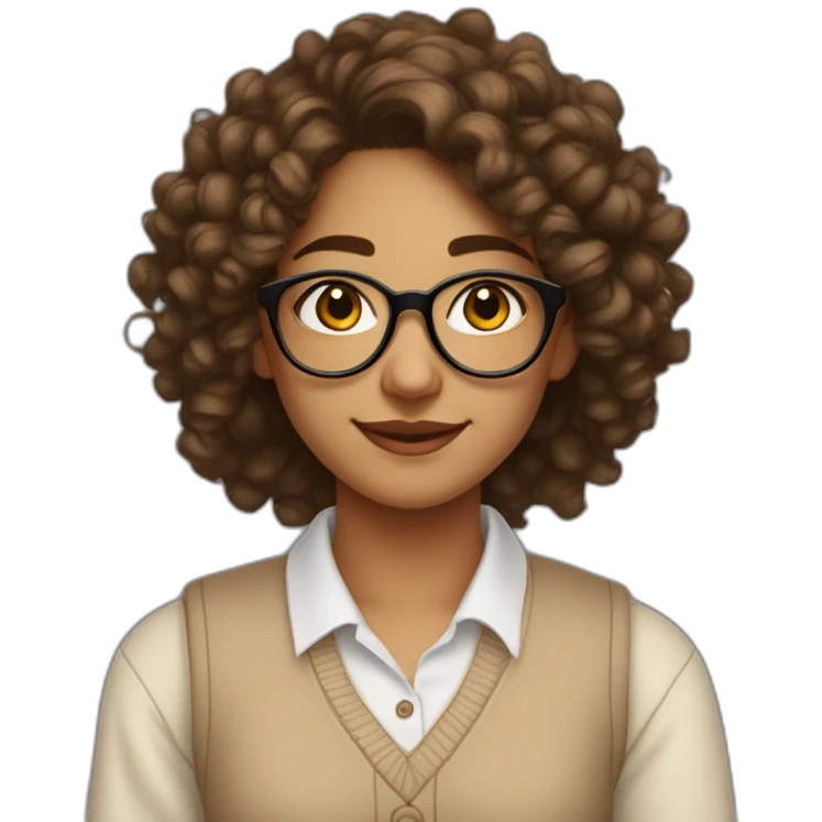 smiling indian teenage girl with curly hair and glasses wearing a collared long sleeve white shirt under a beige v shaped collar sweatervest with no buttons emoji