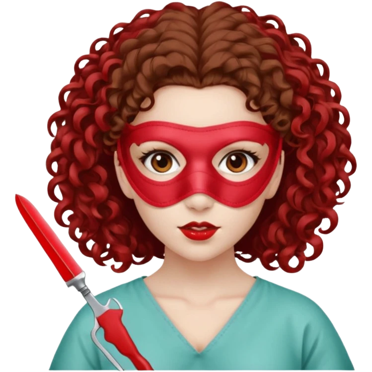 Lilith symbol seductress evil surgeon. Hair curly, and brown. Long curly brown hair. Red surgical mask and hair covering. She works for cartel and kills  with a scalpel. emoji