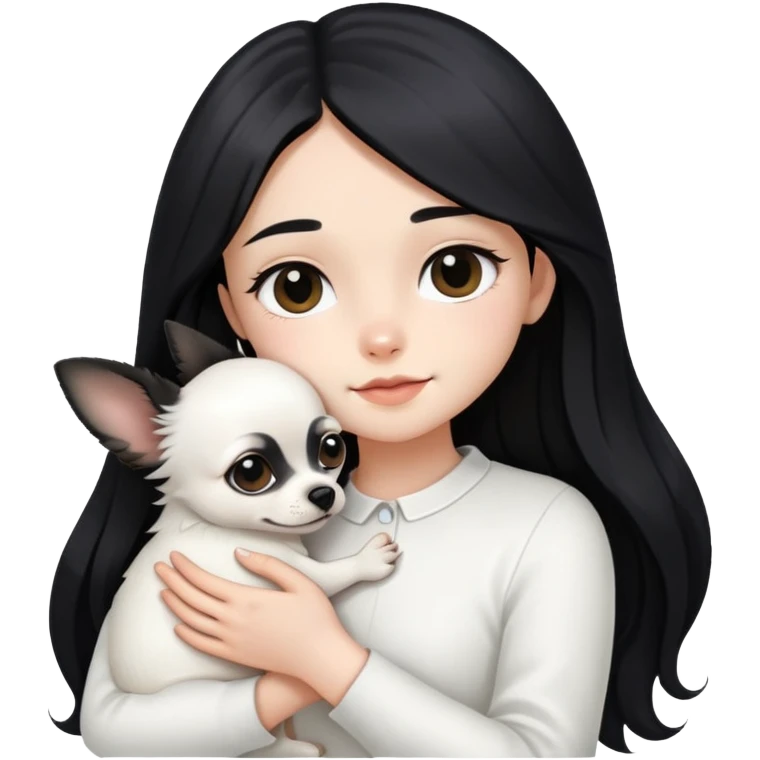 A girl with fair skin, long black hair, white clothes, gently, with her head tilted, holding a black Chihuahua tightly in her hands emoji