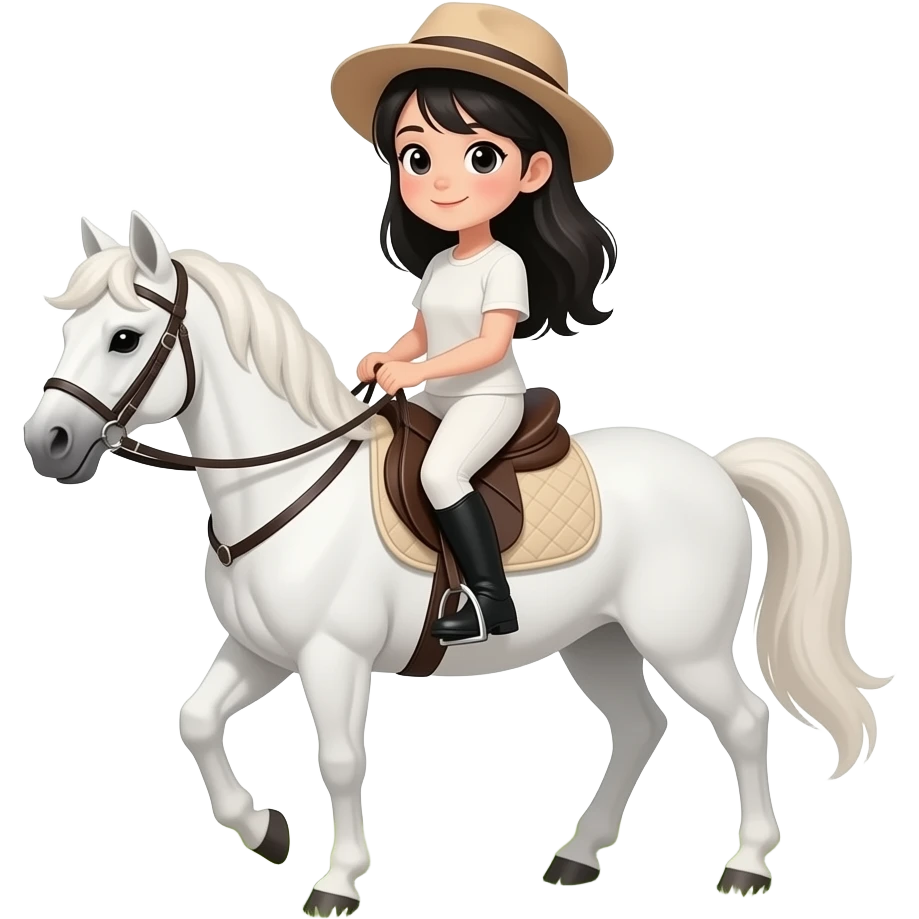 Chica de cabello negro con sombrero cabalgando un potranco blanco en hierba emoji