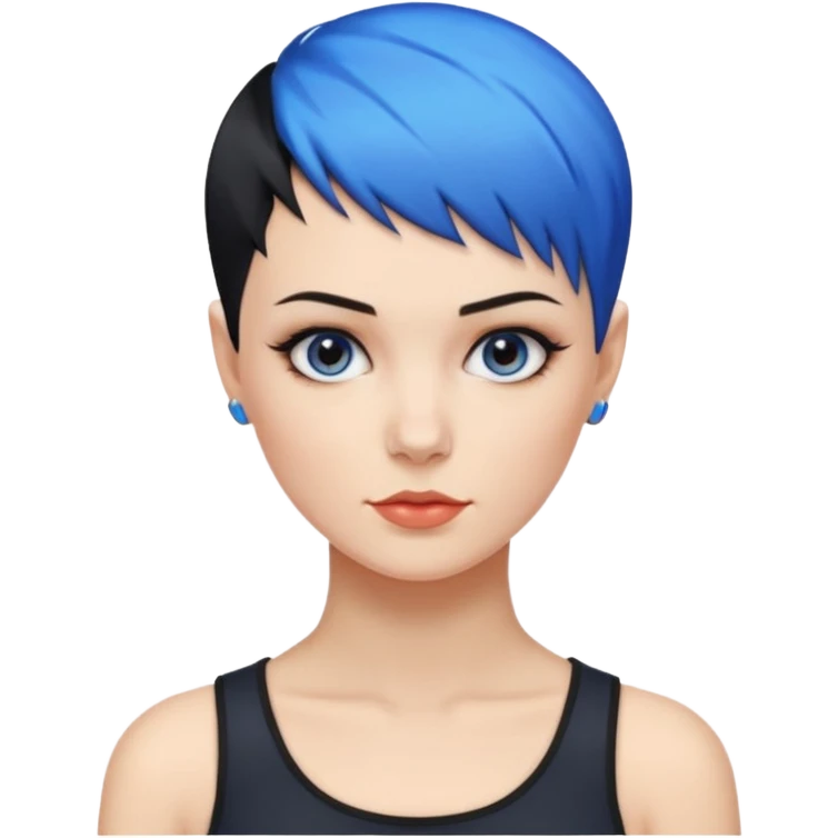 frau, kein kind freche extreme schwarze Kurzhaarfrisur eine Seite wirklich fast keine Haare andere Seite mit blauer Strähne kurze Seite noch viel kürzer emoji