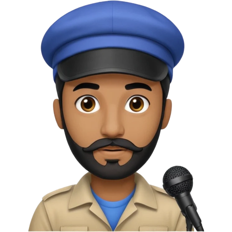 arabic streamer man with short black beard, short black mustache, black eyebrows, and a cap, with a microphone emoji