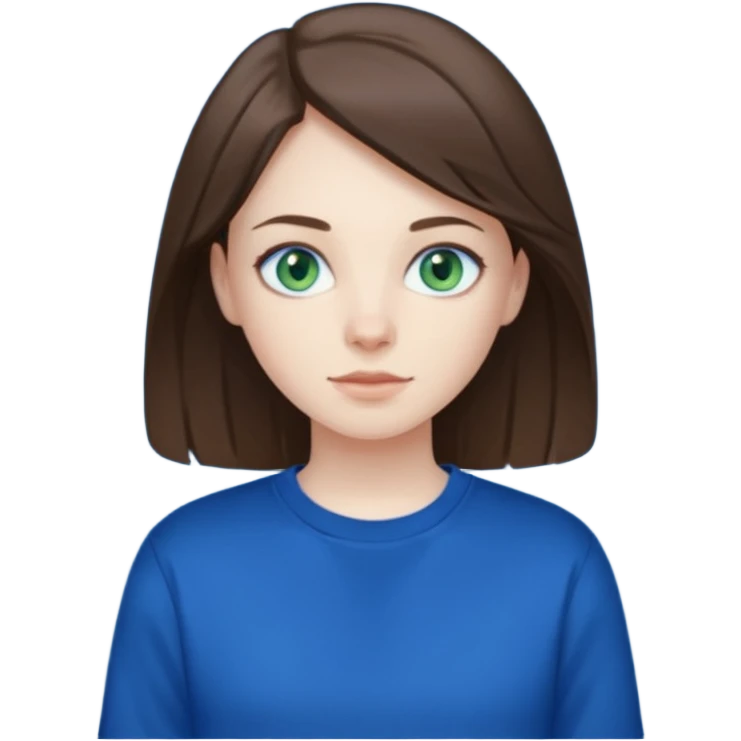 blue/green eyes , pale skin , brunette hair , white t-shirt with a dark blue sweatshirt over too emoji