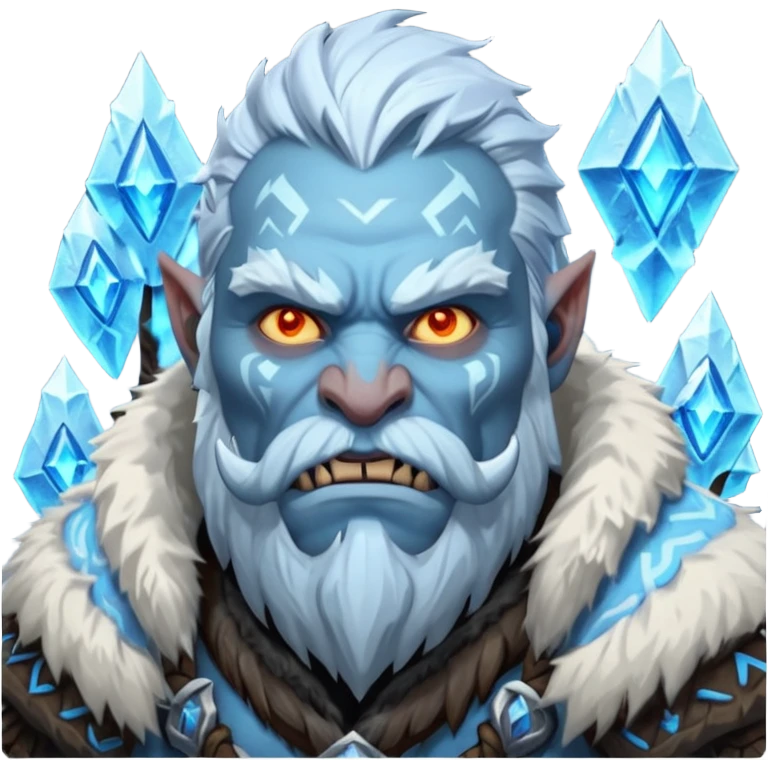 Legendary fantasy orc Christmas portrait icon, Frostfather and Snow Maiden inspired, primal winter god style, massive icy beard, glowing blue eyes, heavy fur coat, tribal frost runes, powerful brutal presence, blizzard atmosphere, clean stylized emoji icon, male/female variant
 emoji