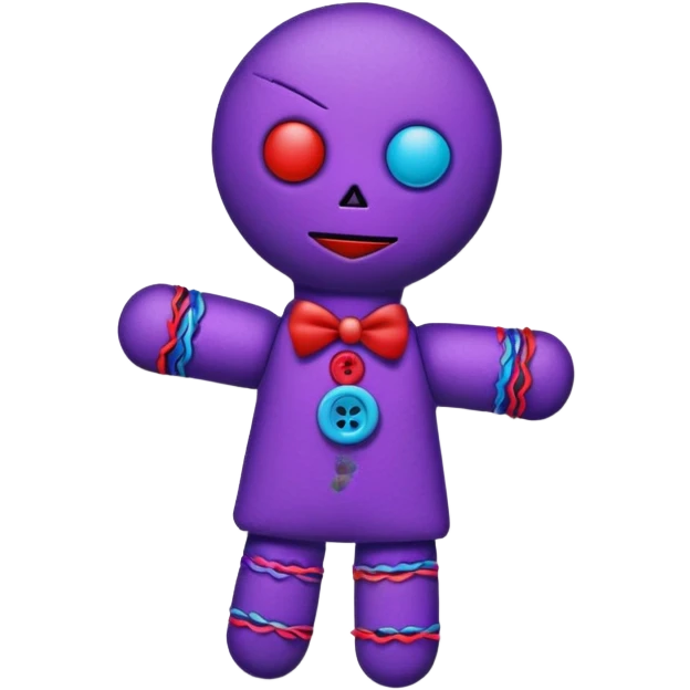 A colorful voodoo doll with bright fabrics in purple, red, and blue, with decorative buttons and pins sticking out emoji
