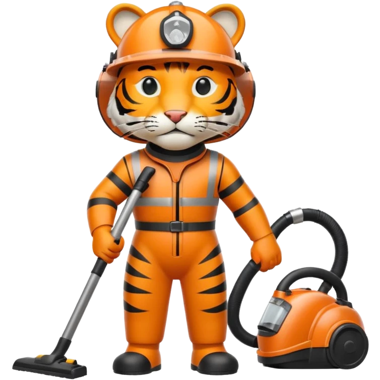 Tiger with a helmet on standing up vacuuming  emoji