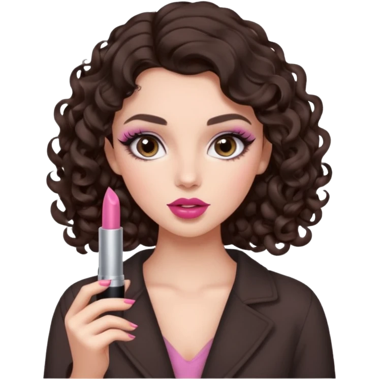 A dark brown hair little curl hair like 6 mm. roll looks so beautiful, she has an round and almond eyes with long and curl eyelashes in Douyin style, one of her hand carrying a lipstick looks similar to Rhode pink lip, her make up is cool tone and neutral style   emoji
