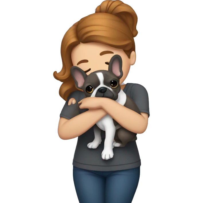 caramel hair woman hugging dark gray french bulldog emoji